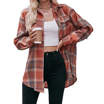 Women's Oversized Plaid Flannel Shirt Long Sleeve Open Front Casual Layering Wear