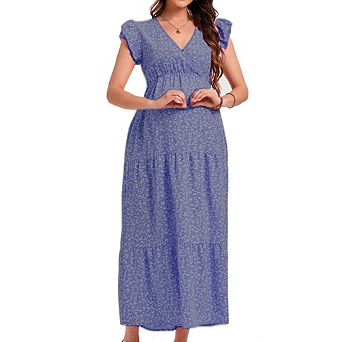 Women's V‑Neck Cap Sleeve Long Maternity Dress Casual Pregnancy Maxi Dress
