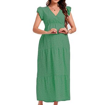 Women's V‑Neck Cap Sleeve Long Maternity Dress Casual Pregnancy Maxi Dress