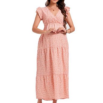 Women's V‑Neck Cap Sleeve Long Maternity Dress Casual Pregnancy Maxi Dress
