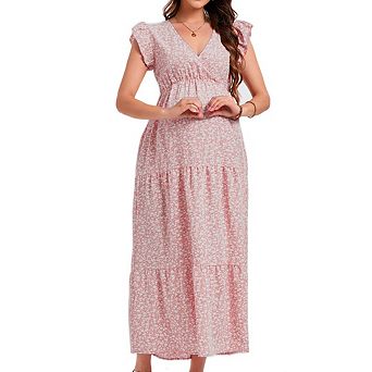 Women's V‑Neck Cap Sleeve Long Maternity Dress Casual Pregnancy Maxi Dress