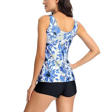 Floral Print Tankini Set V-Neck Drawstring Top with Boyshort Bottom