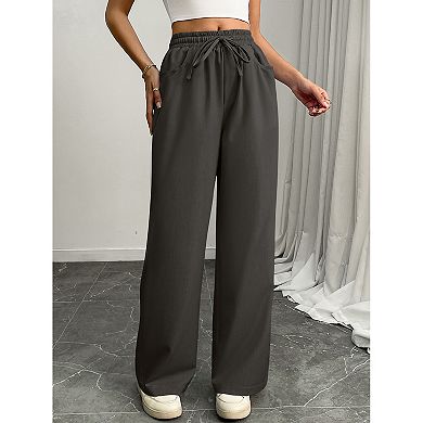 Women Wide Leg Sweatpants Drawstring Elastic Waisted Faux Denim Pants