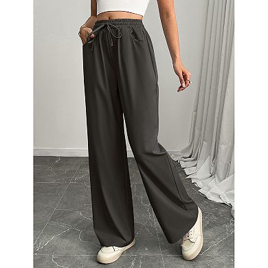 Women Wide Leg Sweatpants Drawstring Elastic Waisted Faux Denim Pants