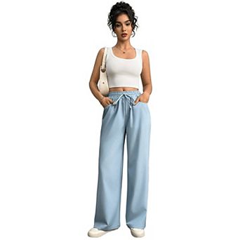 Women Wide Leg Sweatpants Drawstring Elastic Waisted Faux Denim Pants