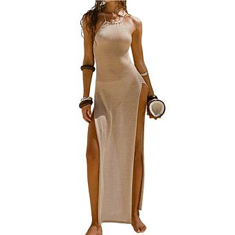 Beachside Knit Halter Cover-Up Maxi Dress with Cross Back & Side Slits