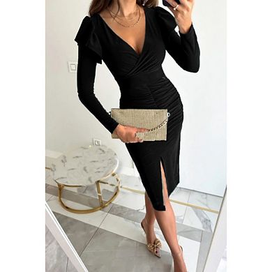 Women's Deep V Neck Wrap Ruffle Long Sleeve Ruched Bodycon Slit Dress