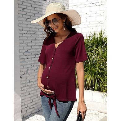 Women's Maternity V-Neck Button Front Tie Hem Short Sleeve Top