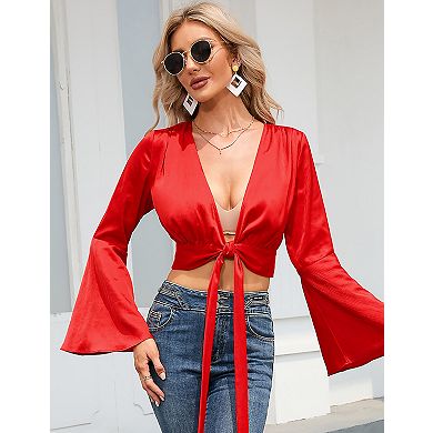 Women's Deep V-Neck Tie Front Bell Sleeve Cropped Blouse