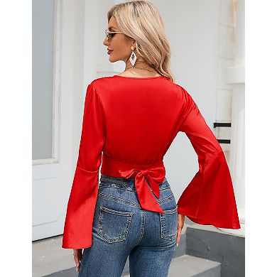 Women's Deep V-Neck Tie Front Bell Sleeve Cropped Blouse