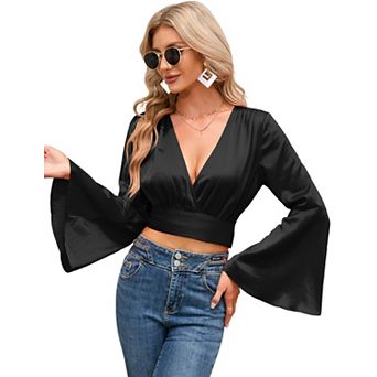 Women's Deep V-Neck Tie Front Bell Sleeve Cropped Blouse