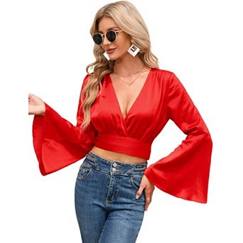 Women's Deep V-Neck Tie Front Bell Sleeve Cropped Blouse
