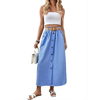 Women's Button Maxi Skirts with Belt Business Casual High Waisted A-Line Long Skirt with Pockets