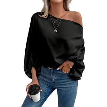 Women Off Shoulder Tops Long Sleeve Satin Shirt Asymmetrical Tops Office Work T Shirt