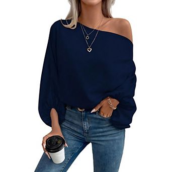 Women Off Shoulder Tops Long Sleeve Satin Shirt Asymmetrical Tops Office Work T Shirt