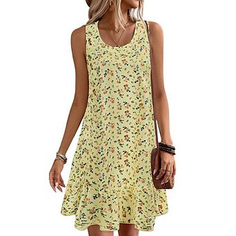 Women's Floral Print Sleeveless Dress U Neck Ruffle Hem Casual A Line Mini Dress