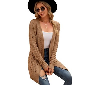 Women's Long Cardigan Openwork Knit Sweater Long Sleeve Casual Loose Knit Outwear