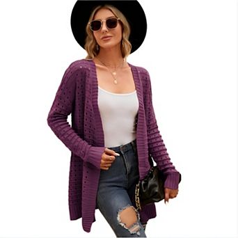 Women's Long Cardigan Openwork Knit Sweater Long Sleeve Casual Loose Knit Outwear