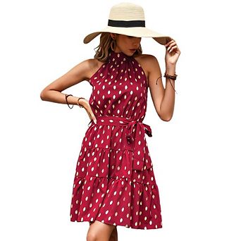 Women's Halter Neck Polka Dot Dress Tie Back Tiered Sleeveless Mini Dress with Belt