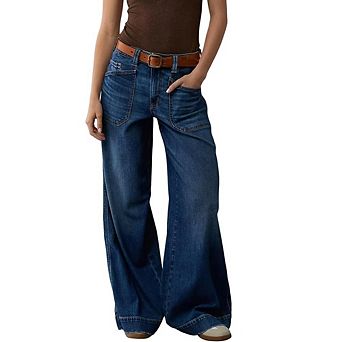 Women's High Waisted Wide Leg Jeans Patch Pocket Loose Fit Casual Denim Trousers