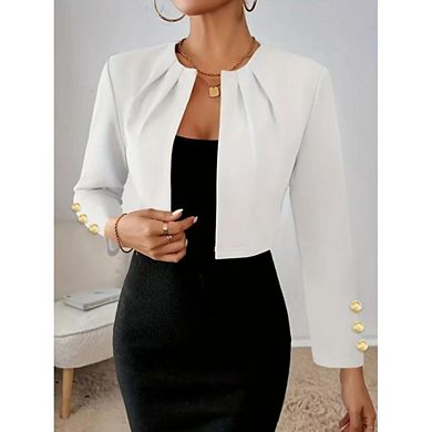 Women's Cropped Blazer Jacket Open Front Gold Button Long Sleeve Bolero Cardigan