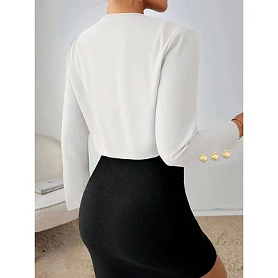 Women's Cropped Blazer Jacket Open Front Gold Button Long Sleeve Bolero Cardigan