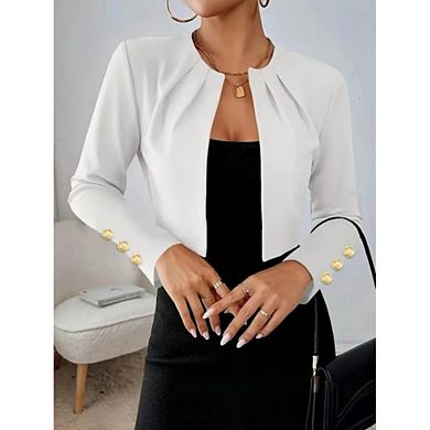 Women's Cropped Blazer Jacket Open Front Gold Button Long Sleeve Bolero Cardigan