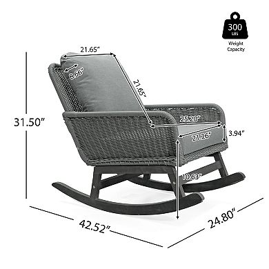 Rocking Chair With Padded Cushions And Wicker Weave For Patio Balcony