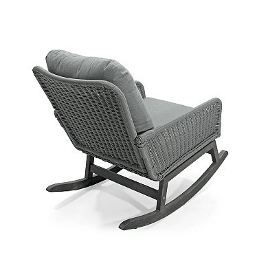 Rocking Chair With Padded Cushions And Wicker Weave For Patio Balcony