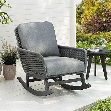 Rocking Chair With Padded Cushions And Wicker Weave For Patio Balcony
