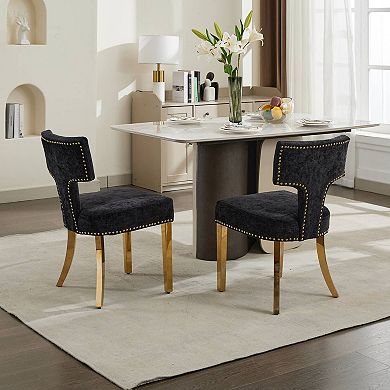Pnronnc Farmhouse Accent Chair Chenille Upholstered Chairs with Curved Backrest & Copper Nails, 2pcs