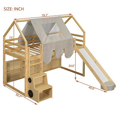 Pnronnc Wooden House-Shaped Frame Loft Bed with Tent, Under Bookcase, and Movable Bookshelf
