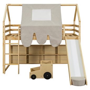 Pnronnc Wooden House-Shaped Frame Loft Bed with Tent, Under Bookcase, and Movable Bookshelf