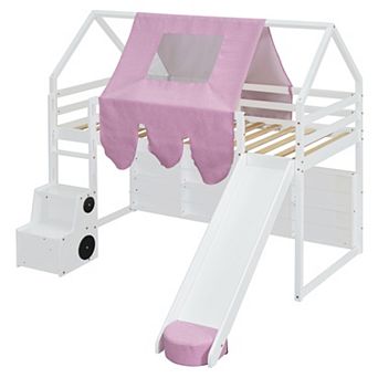 Pnronnc Wooden House-Shaped Frame Loft Bed with Tent, Under Bookcase, and Movable Bookshelf