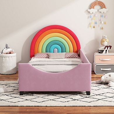 Pnronnc Velvet Upholstered Platform Bed Twin Size Low Profile Bed for Boys & Girls, Teens