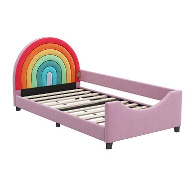 Pnronnc Velvet Upholstered Platform Bed Twin Size Low Profile Bed for Boys & Girls, Teens