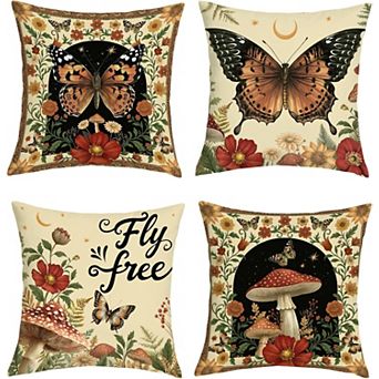 Wildflower Mushroom Butterfly Throw Pillow Covers Set, Vintage Forest Cushion Cases