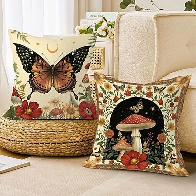 Wildflower Mushroom Butterfly Throw Pillow Covers Set, Vintage Forest Cushion Cases