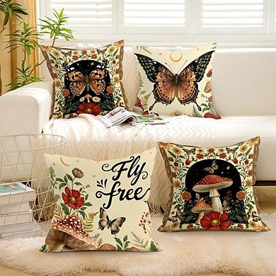 Wildflower Mushroom Butterfly Throw Pillow Covers Set, Vintage Forest Cushion Cases