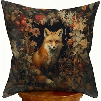 Vintage Floral Fox Throw Pillow Cover, Cotton, Double-Sided Print, Hidden Zipper