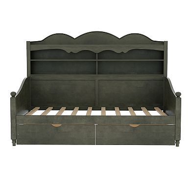 Trikiousd Retro Wooden Twin Size Daybed with Storage Headboard Shelving & 2 Drawers