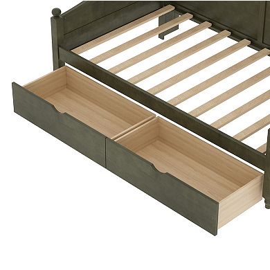 Trikiousd Retro Wooden Twin Size Daybed with Storage Headboard Shelving & 2 Drawers