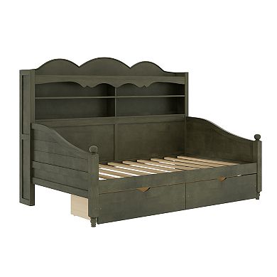 Trikiousd Retro Wooden Twin Size Daybed with Storage Headboard Shelving & 2 Drawers