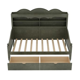 Trikiousd Retro Wooden Twin Size Daybed with Storage Headboard Shelving & 2 Drawers