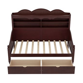 Trikiousd Retro Wooden Twin Size Daybed with Storage Headboard Shelving & 2 Drawers