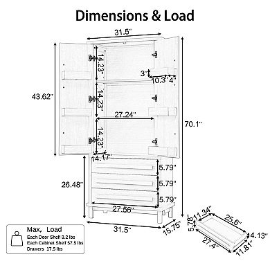 Trikiousd 70" Kitchen Pantry Storage Cabinet with 6 Door Shelves and 3 Drawers