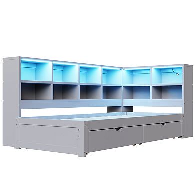 Trikiousd LED Twin XL to King Size Daybed w/ L-Shaped Bookcase, 2 Drawers & Charging Station