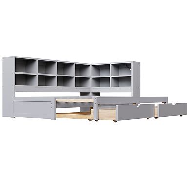 Trikiousd LED Twin XL to King Size Daybed w/ L-Shaped Bookcase, 2 Drawers & Charging Station
