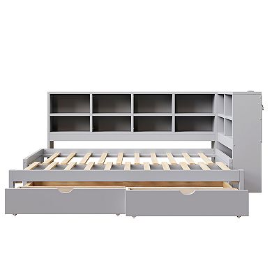 Trikiousd LED Twin XL to King Size Daybed w/ L-Shaped Bookcase, 2 Drawers & Charging Station