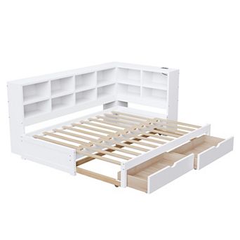 Trikiousd LED Twin XL to King Size Daybed w/ L-Shaped Bookcase, 2 Drawers & Charging Station